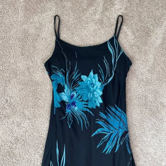 Eva Blue Dress Womens M Blue Floral Tropical Beaded Midi Y2K Whimsygoth  Fairy Asymmetrical